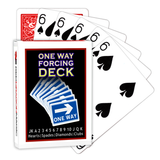 A deck of Bicycle Playing Cards made into a One Way Forcing Deck by Red Dragon Magic. Behind are 6 playing cards which are all Six of Spades.