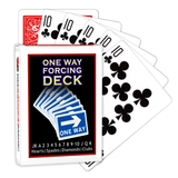 A deck of Bicycle Playing Cards made into a One Way Forcing Deck by Red Dragon Magic. Behind are 6 playing cards which are all Ace of Clubs