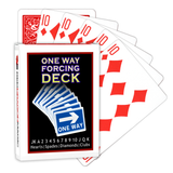 A deck of Bicycle Playing Cards made into a One Way Forcing Deck by Red Dragon Magic. Behind are 6 playing cards which are all Ten of Diamonds.