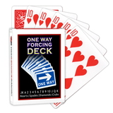 A deck of Bicycle Playing Cards made into a One Way Forcing Deck by Red Dragon Magic. Behind are 6 playing cards which are all Ten of Hearts.