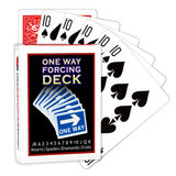 A deck of Bicycle Playing Cards made into a One Way Forcing Deck by Red Dragon Magic. Behind are 6 playing cards which are all Ten of Spades.