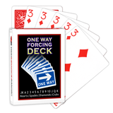 A deck of Bicycle Playing Cards made into a One Way Forcing Deck by Red Dragon Magic. Behind are 6 playing cards which are all Three of Diamonds.