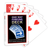 A deck of Bicycle Playing Cards made into a One Way Forcing Deck by Red Dragon Magic. Behind are 6 playing cards which are all Three of Hearts.