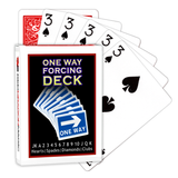 A deck of Bicycle Playing Cards made into a One Way Forcing Deck by Red Dragon Magic. Behind are 6 playing cards which are all Three of Spades.