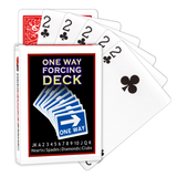 A deck of Bicycle Playing Cards made into a One Way Forcing Deck by Red Dragon Magic. Behind are 6 playing cards which are all Two of Clubs