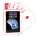 A deck of Bicycle Playing Cards made into a One Way Forcing Deck by Red Dragon Magic. Behind are 6 playing cards which are all Two of Diamonds.