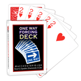 A deck of Bicycle Playing Cards made into a One Way Forcing Deck by Red Dragon Magic. Behind are 6 playing cards which are all Two of Hearts.