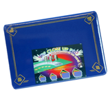 A quality close-up pad / mat in blue  standard sized with an ace border design. Perfect for performing with cards, coins and other small magic props. Sold by Red Dragon Magic.