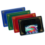 A set of four quality close-up pads / mats in blue, green, red, and black, each standard sized with an ace border design. Perfect for performing with cards, coins and other small magic props. Sold by Red Dragon Magic.