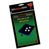 Packaging for 'Pearls of Wisdom' magic trick showing a velvet bag with four white pearls and one black pearl, titled 'RED DRAGON MAGIC' at the top.