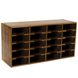 A wooden card deck storage shelf with multiple compartments, designed to hold playing cards.