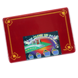 A quality close-up pad / mat in red,  standard sized with an ace border design. Perfect for performing with cards, coins and other small magic props. Sold by Red Dragon Magic.