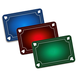 Three close-up mats with a white printed design and aces border, one in blue, one in red, and one in green. Each with a Centre spotlight effect and visible card suit symbol in the corner.

Sold by Red Dragon Magic