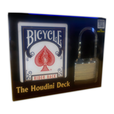 The product image shows the packaging of 'The Houdini Deck' which includes a deck of Bicycle cards and a solid padlock. The packaging is labeled as 'The Houdini Deck' and is marketed for magicians.
